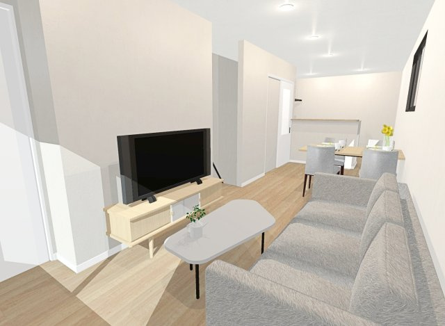 田中古川町　2号地　新築参考プラン　建築条件付土地の外観パース|【イメージパース図：リビング】開放感のある2階リビングは日当たりもよく日中は明るい日差しが射し込みます！