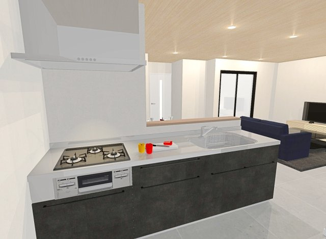 田中古川町　一括プラン　建築条件付土地の完成予想図|【イメージパース図：キッチン】お子様を見守りながらお料理ができる対面式キッチン♪家事をしながらでもご家族とコミュニケーションがとれやすくママもお子様もとっても嬉しいですね！