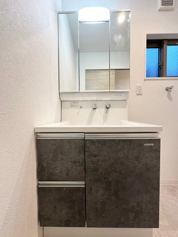 田中古川町　一括プラン　建築条件付土地の完成予想図|【施工例：洗面化粧台】シャワー付きの洗面化粧台はお掃除などお手入れがしやすく、朝の準備もはかどります♪ミラーキャビネットで生活感がでづらいのも嬉しい！