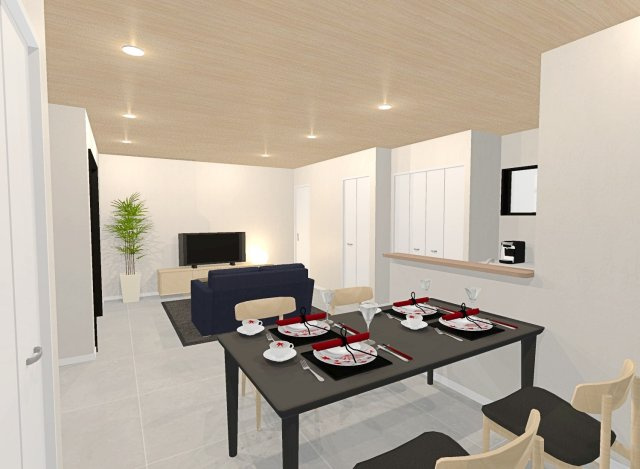 田中古川町　一括プラン　建築条件付土地の完成予想図|【イメージパース図：リビング】開放感のある2階リビングは日当たりもよく日中は明るい日差しが射し込みます。また、道路からの目線も気になりにくいのでプライバシーも守られやすいですね。