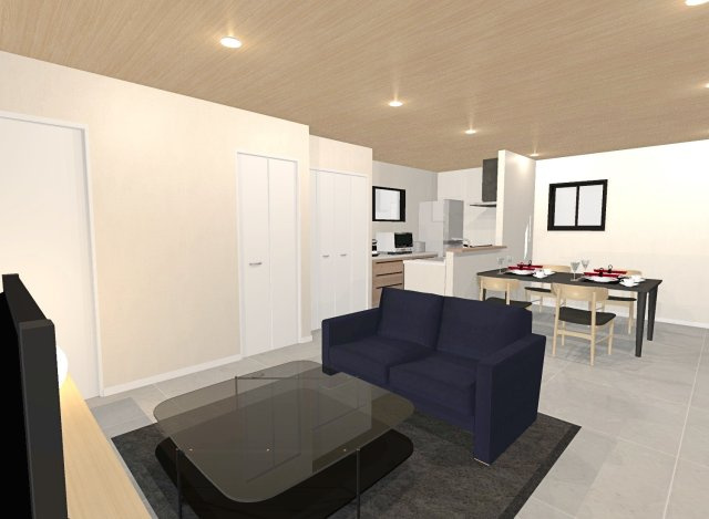 田中古川町　一括プラン　建築条件付土地の完成予想図|【イメージパース図：リビング】開放感のある2階リビングは日当たりもよく日中は明るい日差しが射し込みます。また、道路からの目線も気になりにくいのでプライバシーも守られやすいですね。