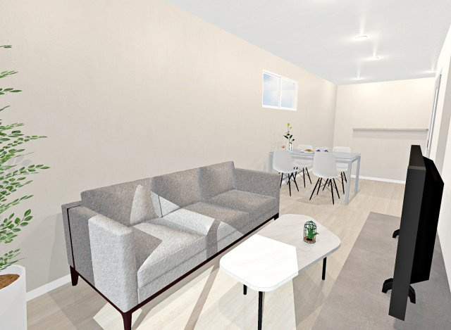 田中古川町　1号地　新築参考プラン　建築条件付土地の完成予想図|【イメージパース図：リビング】開放感のある2階リビングは日当たりもよく日中は明るい日差しが射し込みます。また、道路からの目線も気になりにくいのでプライバシーも守られやすいですね