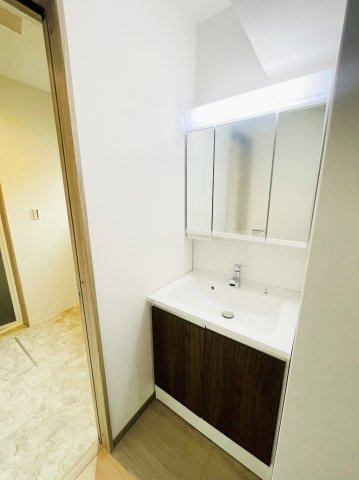 田中古川町　1号地　新築参考プラン　建築条件付土地の完成予想図|【施工例：洗面化粧台】シャワー付きの洗面化粧台はお掃除などお手入れがしやすく、朝の準備もはかどります♪ミラーキャビネットで生活感がでづらいのも嬉しい！