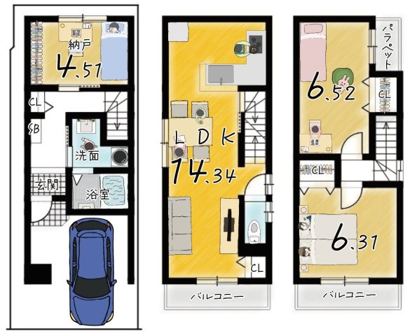 田中古川町　1号地　新築参考プラン　建築条件付土地の土地図＋建物プラン例