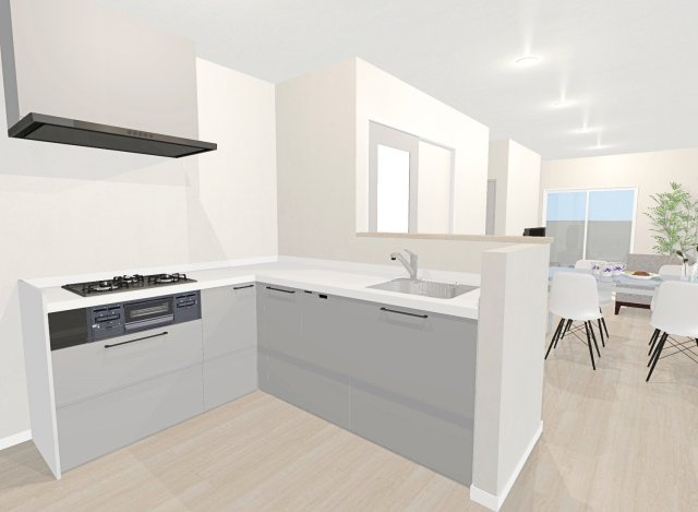 田中古川町　1号地　新築参考プラン　建築条件付土地の完成予想図|【イメージパース図：L型キッチン】L形キッチンは作業動線が短くお量がしやすい♪