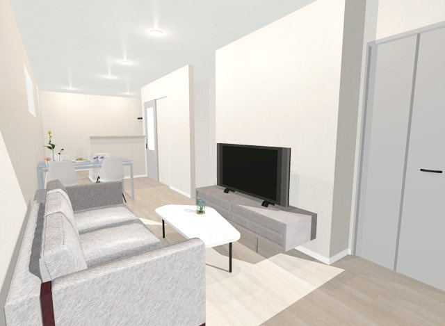 田中古川町　1号地　新築参考プラン　建築条件付土地の完成予想図|【イメージパース図：リビング】開放感のある2階リビングは日当たりもよく日中は明るい日差しが射し込みます。また、道路からの目線も気になりにくいのでプライバシーも守られやすいですね。