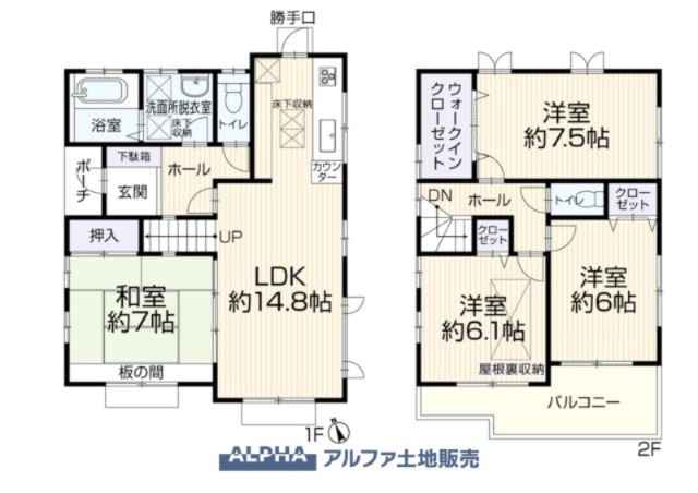 日野市三沢中古戸建の間取り|【Floor plan】
◆採光とと空間◆南面に面した各居室は明るく十分に取れた空間が快適さを感じさせてくれる。和室や書斎など収納充実した豊かな暮らしが待っています。