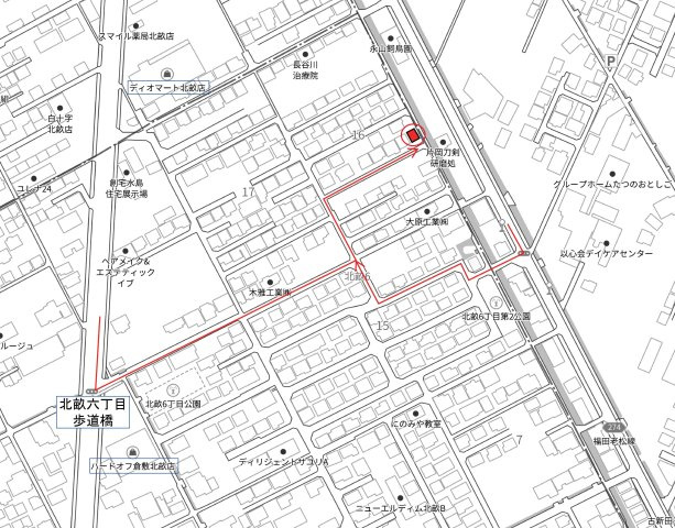 北畝モデル住宅の地図|【北畝モデルまでのアクセス】
ハードオフ北畝店がある信号「北畝６丁目歩道橋」を東へ直進。
突き当りを左折（北へ）し、３つ目を右折（東へ）すると、突き当りが北畝モデルです。