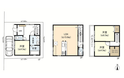 【参考プラン】 | 淀川区木川東２丁目 | 建築プラン：3,930万円(税込)・木造３階建：3LDK-延床面積79.74㎡
※建物：2,080万円・外構費用：100万円
