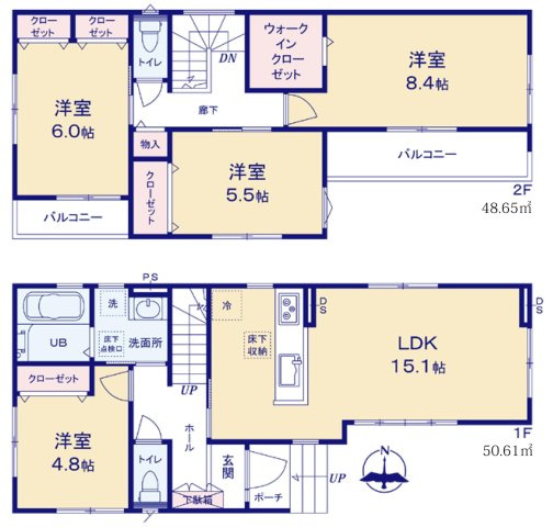 三郷市小谷堀　戸建　全1棟の間取り|全室南向きの4LDKの邸宅です