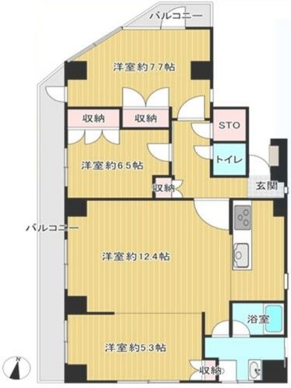 【間取り】 | サンリーフ王子 | 全室フローリング・２面バルコニーの3LDK。