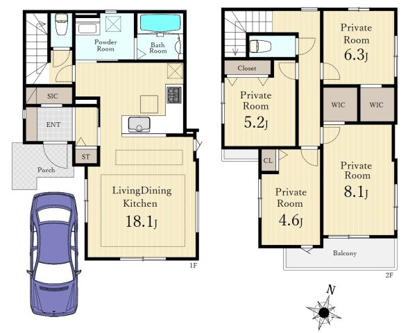 和光市白子3丁目 全2棟 3号棟の間取り|4LDK、土地面積100m2、建物面積101.03m2
1階リビング+水回りを配した生活しやすい間取りです