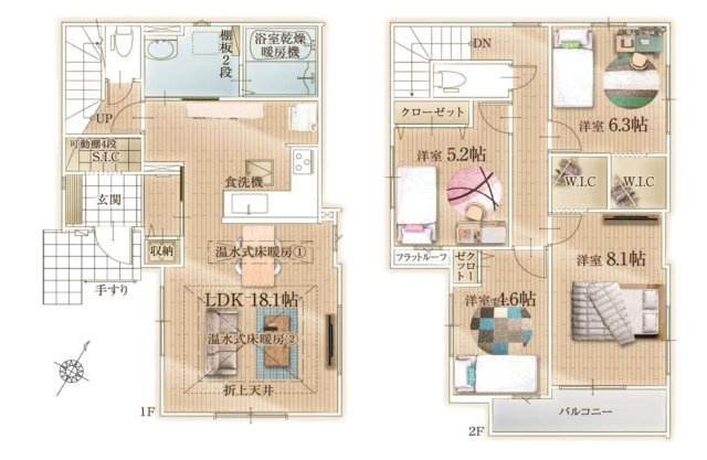 和光市白子3丁目 全2棟 1号棟の間取り|4LDK、土地面積100m2、建物面積104.11m2
1階リビング+水回りを配した生活しやすい間取りです
