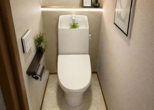 【トイレ】 | 快適な温水洗浄便座付きの高機能トイレを採用しております。1階と2階の合計2ヶ所にトイレが設置されているため、朝の忙しい時間帯やご家族の人数が多いご家庭でも混雑することなく快適にご利用いただけます。