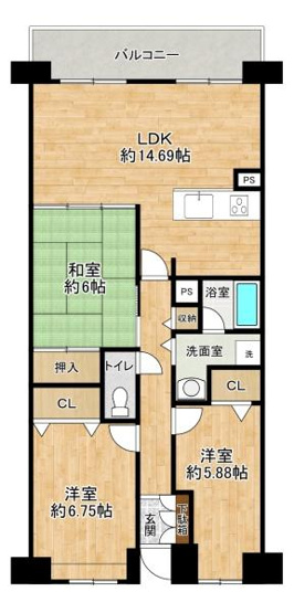 【間取り】 | サンロイヤル加古川リバージュ４号館 | 南西向きにて日当たり良好♪