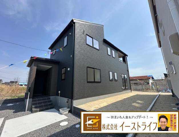 【新築戸建】　いわき市錦町蒲田第1の外観|1号棟の写真です。社はお客様に末永く満足していただきたい思いから、ご購入後のアフターフォローにも力を入れております。何なりとご相談ください。TEL：080-9052-9009 担当：梶田