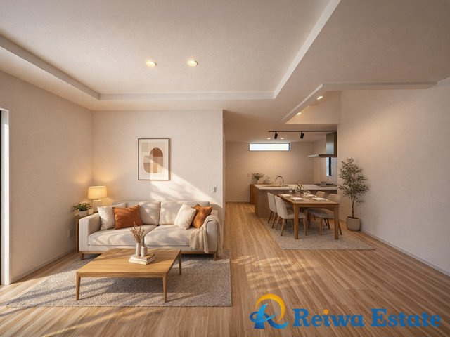 新築戸建　茅ヶ崎市東海岸南4丁目の居間・リビング|生活がイメージできるように、AIを使用して家具・家電・小物等を配置しております。