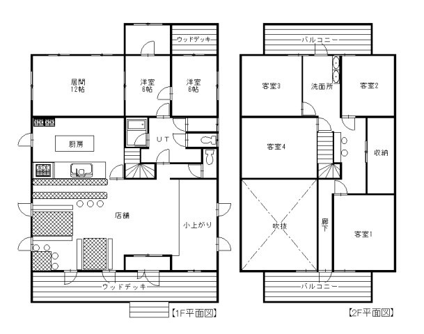 鶴居村【ログハウス】住居付き店舗兼ゲストハウスの間取り|まきごやの図面：1階店舗、2階ゲストハウス