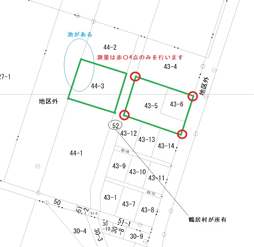 鶴居村【ログハウス】住居付き店舗兼ゲストハウスの区画図|3筆の売買となります。測量を入れますが43-5、43-6の赤い丸部分の4点のみとなります。