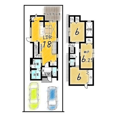 山田大吉見町　新築Cプラン　建築条件付き土地の土地図＋建物プラン例