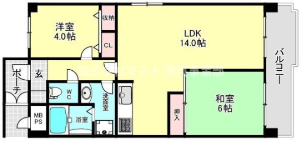 朝日プラザ北田辺の間取り|◆2LDK、価格2130万円、専有面積55㎡、バルコニー面積8.98㎡
