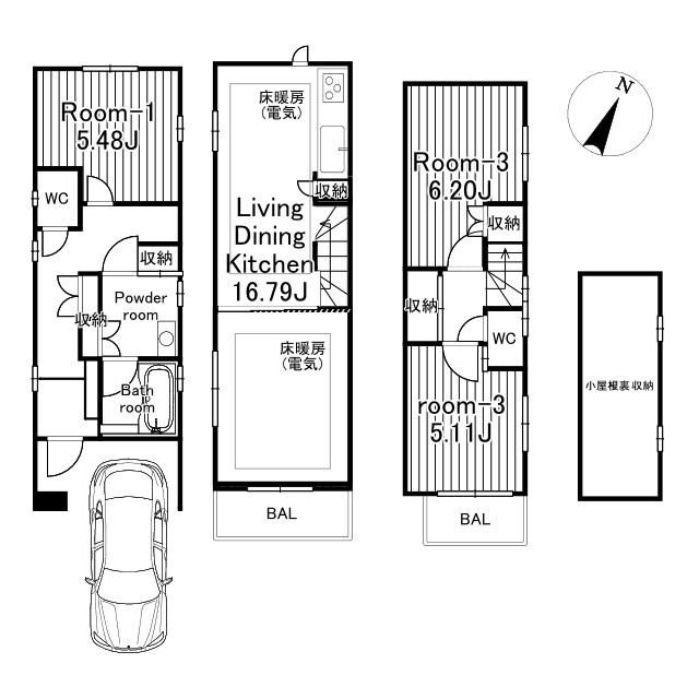 京王線急行停車駅「千歳烏山」駅6分　東京組施工中古戸建　車庫付き3LDKグルニエありの間取り|LDK約27帖の3LDK　南西向きで日当り良好