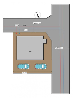 【区画図】 | 中央市東花輪 平屋の中古戸建 北東角地 内外装リフォーム中 | 北東角地 前面道路：東6.3ｍ公道・北4.3ｍ公道