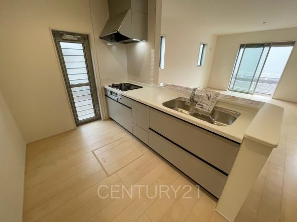 伊勢崎市長沼町第4 5号棟のキッチン|シンクも大きく洗い物もしやすい浄水器付。シャワーヘッドは引き出し可能、シンクの隅々まで洗い流せます。