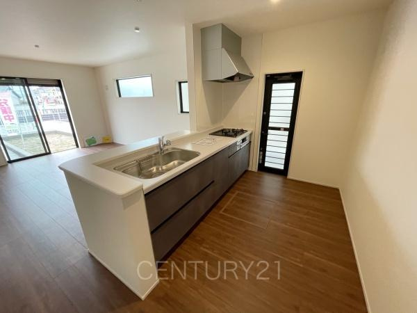 伊勢崎市長沼町第4 4号棟のキッチン|シンクも大きく洗い物もしやすい浄水器付。シャワーヘッドは引き出し可能、シンクの隅々まで洗い流せます。