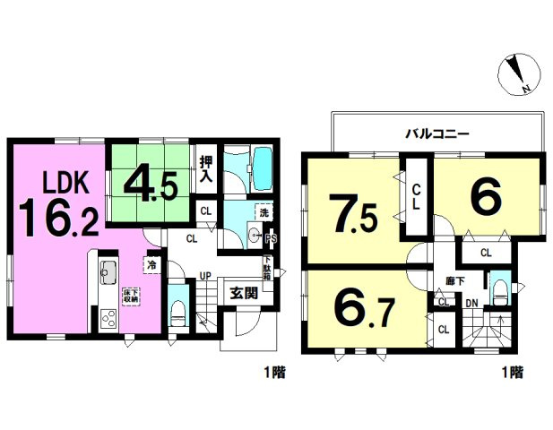 磐田市豊岡の間取り|南向き　4LDKの間取りです。
