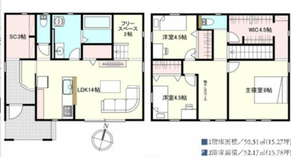 平塚市菫平　新築未入居戸建　　全8棟の間取り|南向きの3LDKです。