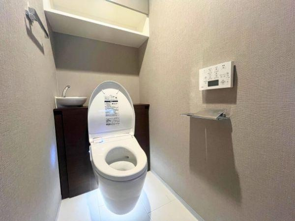 デュオヒルズ大分中島のトイレ|スタイリッシュなデザインと清潔感が魅力のトイレ空間。手洗いカウンター付きで機能性も高く、上部棚で収納も確保◎落ち着いた色合いが上質な雰囲気を演出します！