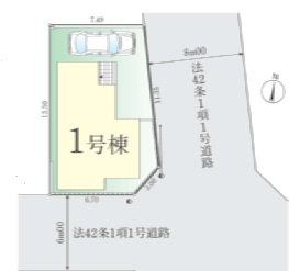 【区画図】 | 東村山市富士見町4丁目　全1棟 | 東南角地　東8ｍ×南6ｍ　カースペース1台可（車種による）