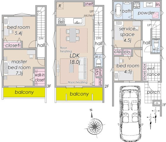 新築分譲［ミラクラス稲毛東］の間取り|【A号棟】
土地面積:７８．６１m2　建物面積:１１３．５７m2（車庫部分８．６９m2含）