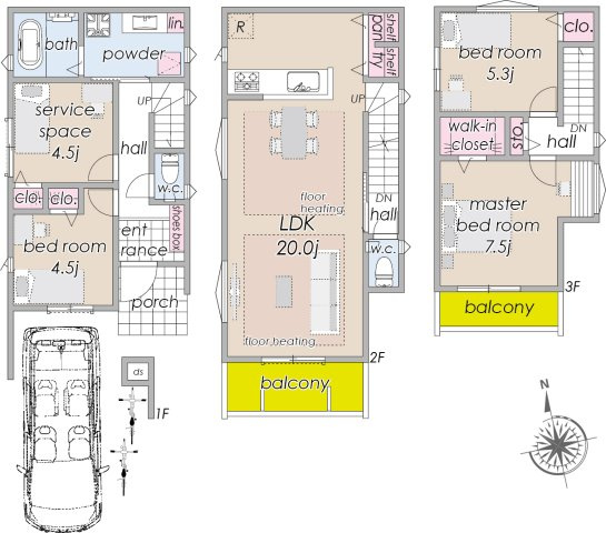 新築分譲［ミラクラス稲毛東］の間取り|【B号棟】
土地面積:８１．９８m2　建物面積:１０８．８７m2（車庫部分７．４５m2含）