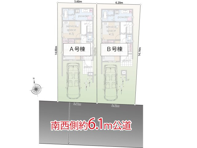 新築分譲［ミラクラス稲毛東］の区画図|南西側が道路（幅員約６．１m）で駐車もしやすく陽当たりが良い物件となります