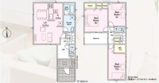 【間取り】 | 海老名市上今泉4丁目  1号棟 第34 | 防犯カメラ（利用時Wifi接続必要）　引き違い窓シャッター付　人感センサー付玄関灯　インナーバルコニー　浴室乾燥機+窓　全居室収納（1箇所はWIC）