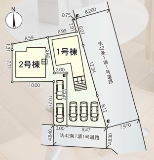 【区画図】 | 海老名市上今泉4丁目  1号棟 第34 | 〇2号棟ご成約済　1号棟　南側約4.8ｍ・東側約7.9ｍ各公道　駐車並列3台（車種によります）　敷地面積53.1坪　※不整形地　※東側道路への行き来不可