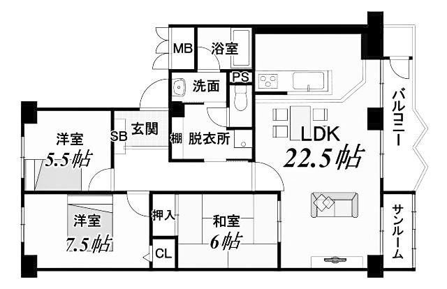 【間取り】 | 嵐山ロイアルハイツ3号棟 | 専有面積㎡