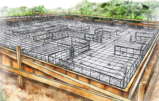 菊池市泗水町吉富第2-4棟（3号棟）の構造・工法・仕様|ベタ基礎は、コンクリートで建物の下一面を支える工法。基礎鉄筋を張り強度を強めたベタ基礎の耐圧盤を1階の床下全面に施工し、広い耐圧盤の面で建物の荷重を地盤に伝えます。