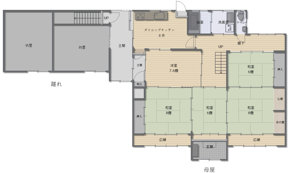 鏡野町百谷 中古住宅 7DK＋S＋離れのその他|間取り図（1階）