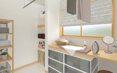 【完成予想図】 | 【1号棟　ランドリースペースイメージ】
※画像は設計図面を基に作成したイメージです