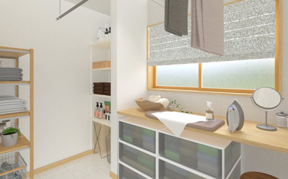 【完成予想図】 | 【1号棟　ランドリースペースイメージ】
※画像は設計図面を基に作成したイメージです