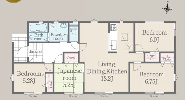 リナージュ／大津町大津第1期／２号棟の間取り|リビングは18.2帖♪洋室3部屋・和室1部屋の４LDKです☆