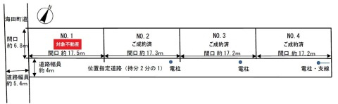 海田町南堀川町　土地の区画図|「海田大正町」バス停から徒歩1分。2号線から脇道に入った場所です。南向きで陽当りのよい土地です。