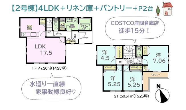 【間取り】 | 全室２面採光で風通りも良く、南向きで陽当りも良好な4LDK◎
暮らしを彩る設備・仕様が充実！浴室にはリラックスタイムに一役買ってくれる「浴室ＴＶ」を備えた、新築一戸建てです♪