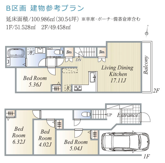 練馬区小竹町2丁目　生活快適エリア　建築条件なし　限定2区画の参考プラン|B区画　4LDK+ビルトイン車庫　敷地面積 76.68ｍ2　建物面積 100.98ｍ2(車庫・ポーチ・備蓄倉庫含む)　建物価格2970万円
