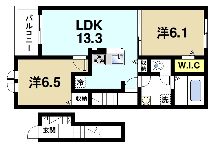 カーサ　サリチェの間取り|ゆったりとした2LDKの間取りです。