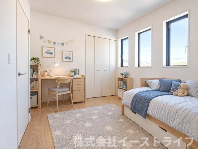 【新築戸建】　【オール電化】　いわき市平下平窪6期の寝室|同社施工イメージです。　家具などのインテリアともマッチしておしゃれ感が出しやすく、身の回りの整理がしやすいのも魅力な洋室です。
