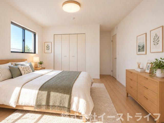 【新築戸建】　【オール電化】　いわき市平下平窪6期の寝室|同社施工イメージです。　家具などのインテリアともマッチしておしゃれ感が出しやすく、身の回りの整理がしやすいのも魅力な洋室です。